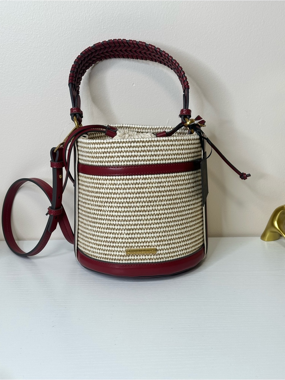 House of Harlow 1960 Woven Bucket Bag Burgundy Crossbody NWT